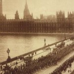 American soldiers marching across Westminster Bridge in 1918, with the Houses of Parliament in the background