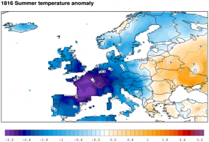 Map showing variation from normal temperatures in Europe in the "Year Without a Summer", 1816