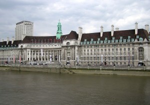 London County Hall, seen from the north bank of the River Thames, by Westminster Bridge