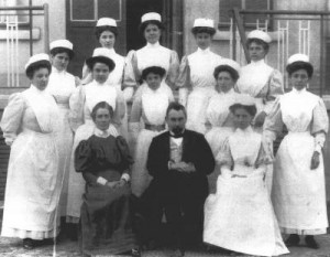 Edith Cavell and Dr. Depage with their nurses at the Red Cross Clinic