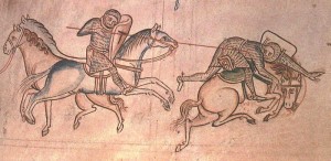 William Marshal unhorsing an opponent in a joust, from Matthew Paris' "History"