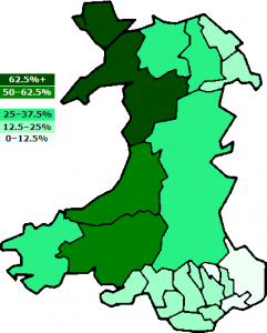 Percentage of people in each Welsh county who are Welsh-speaking